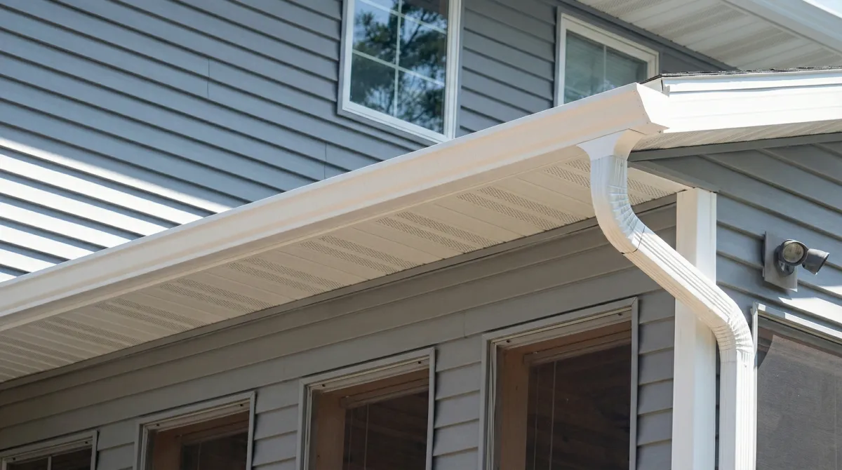 Professional home remodeling project showing newly installed white seamless gutters and downspouts on a house with gray siding in Arvada, CO