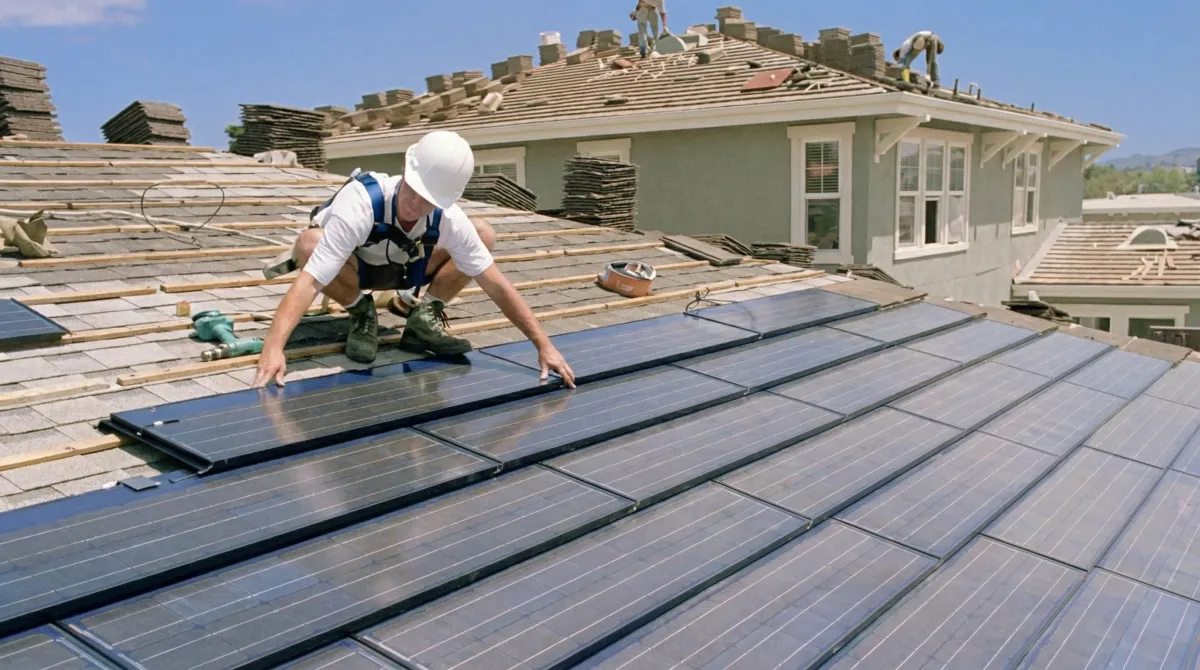 Roof replacement expert installing modern solar shingles on a residential home in Arvada, CO
