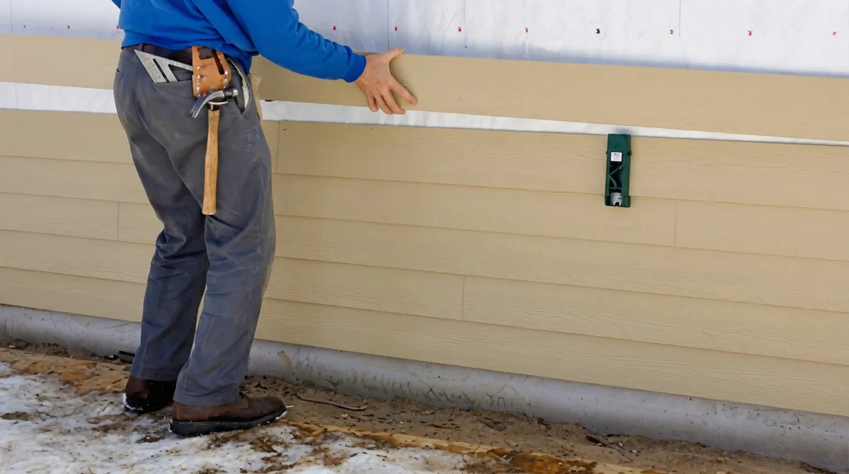 Siding replacement expert carefully aligning a new tan siding panel onto a residential exterior wall in Arvada, CO
