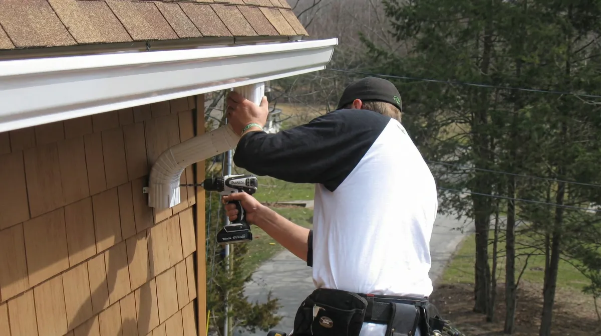 Professional contractor installing tan vinyl siding panels on a residential home exterior in Arvada, CO