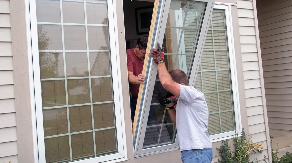 Professional home remodeling team installing a large replacement window on a house with tan siding in Arvada, CO